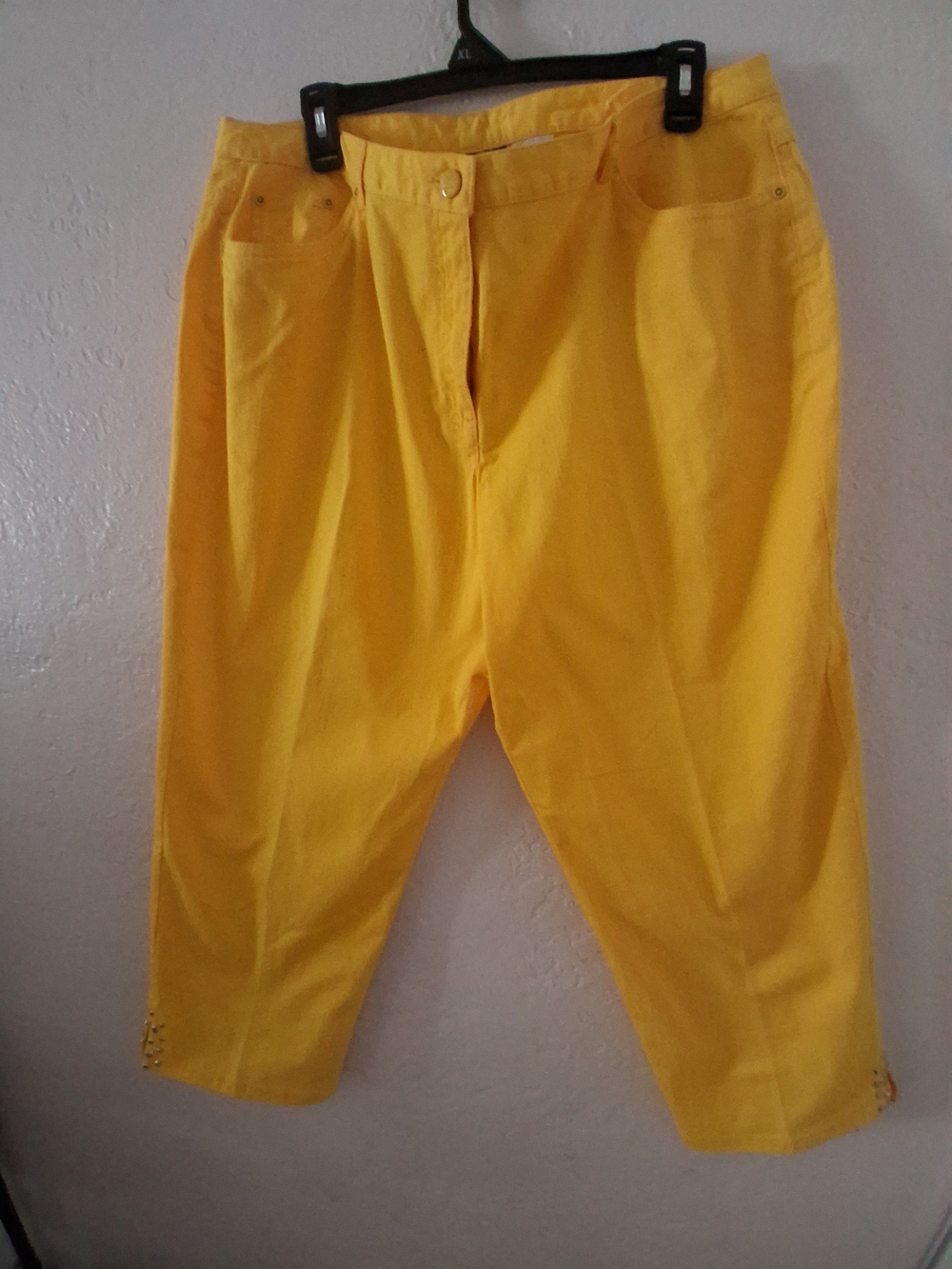 Bright Yellow Wide-Leg Women's Crop Pants with embellishment on bottom leg